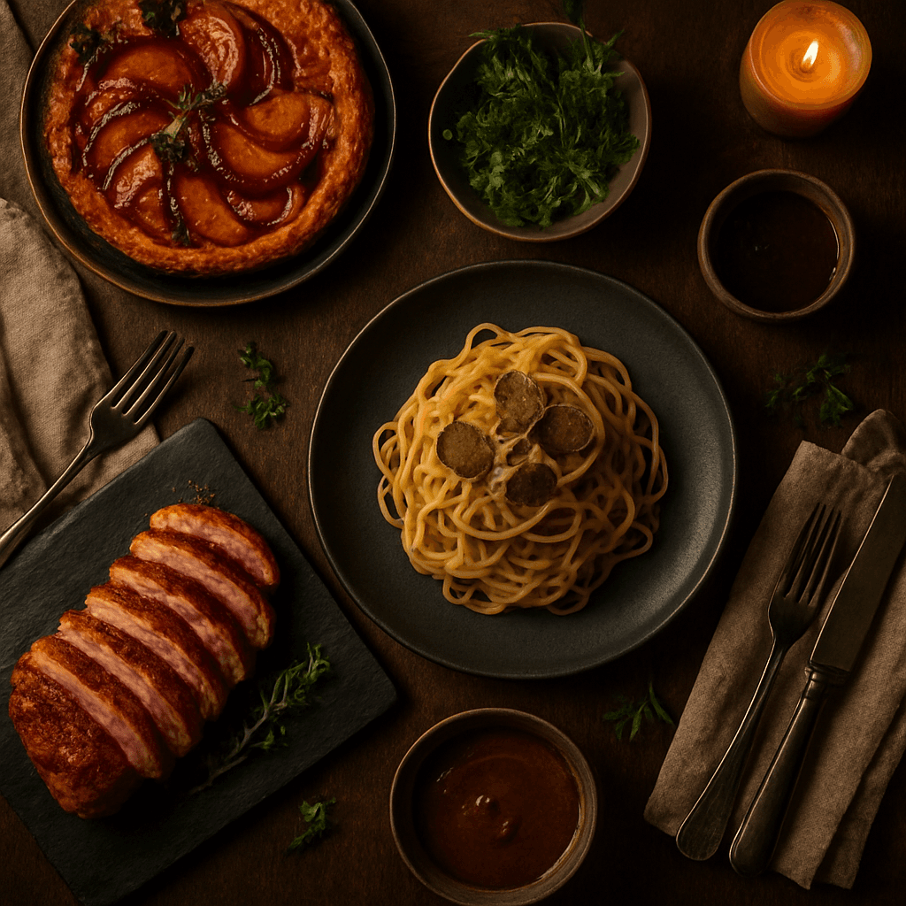 A beautifully spread table of Mise recipes — seared duck, handmade pasta, and stone fruit tart